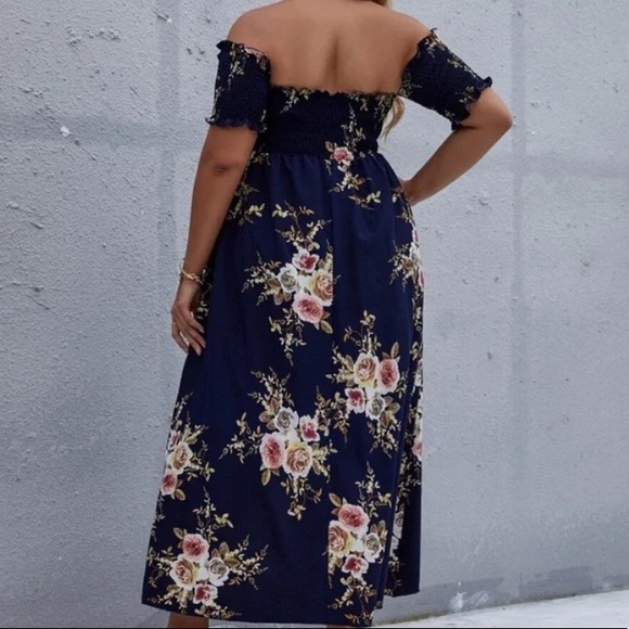 Boho Plus Floral Print Off Shoulder Cottagecore Dress - Picture 9 of 14